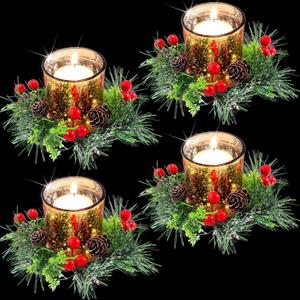 Skylety 4 Pack Christmas Votive Candle Holders with Candle Ring Wreath Christmas Table Centerpieces Glass Tealight Holder Wreath with Red Berry Pinecones for Xmas Decorations Wedding Holiday