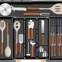 Homecor Utensil Drawer Organizer, Large Expandable Silverware Organizer for Kitchen Drawer, Cooking Utensils Tray Cutlery Flatware Holder with Removable Knife Blocks, Kitchen Gadgets Storage, Black