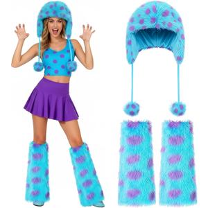 Shihanee 2 Pcs Winter Furry Costume Accessories, Womens Furry Leg Warmers Faux Fur Hat for Warm Thanksgiving Christmas Party (Adult Size, Blue and Purple)