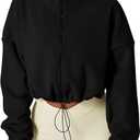 QINSEN Women's Full Zip Fleece Short Jacket Warm Winter Long Sleeve Stand Collar Sherpa Crop Coat (Black), Size 