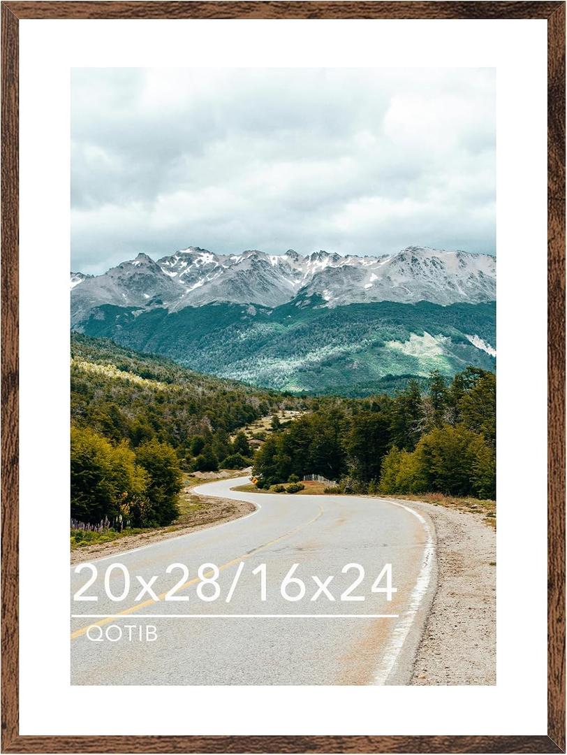Wood 20x28 Picture Frame with 16x24 Mat, Display 16x24 with Mat or 20x28 Without Mat, Wood 20 by 28 Photo Frame, 20 x 28 Frame for Wall Hanging Display, Deep Brown