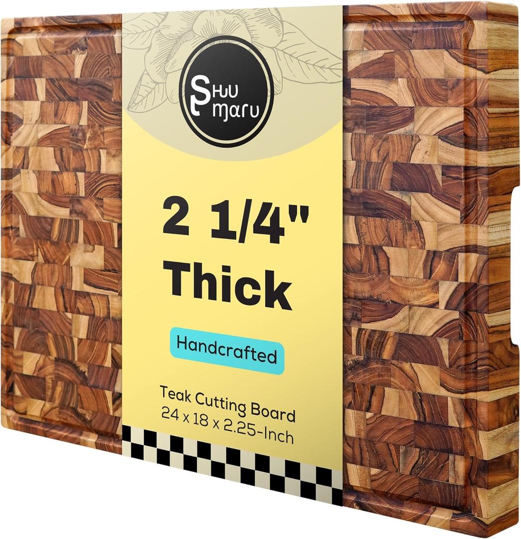 Shumaru Butcher Block Cutting Board - [24" x 18" x 2.25"], End-Grain Teakwood Kitchen Chopping Block with Non-Slip Feet, Built-in Handles & Juice Groove