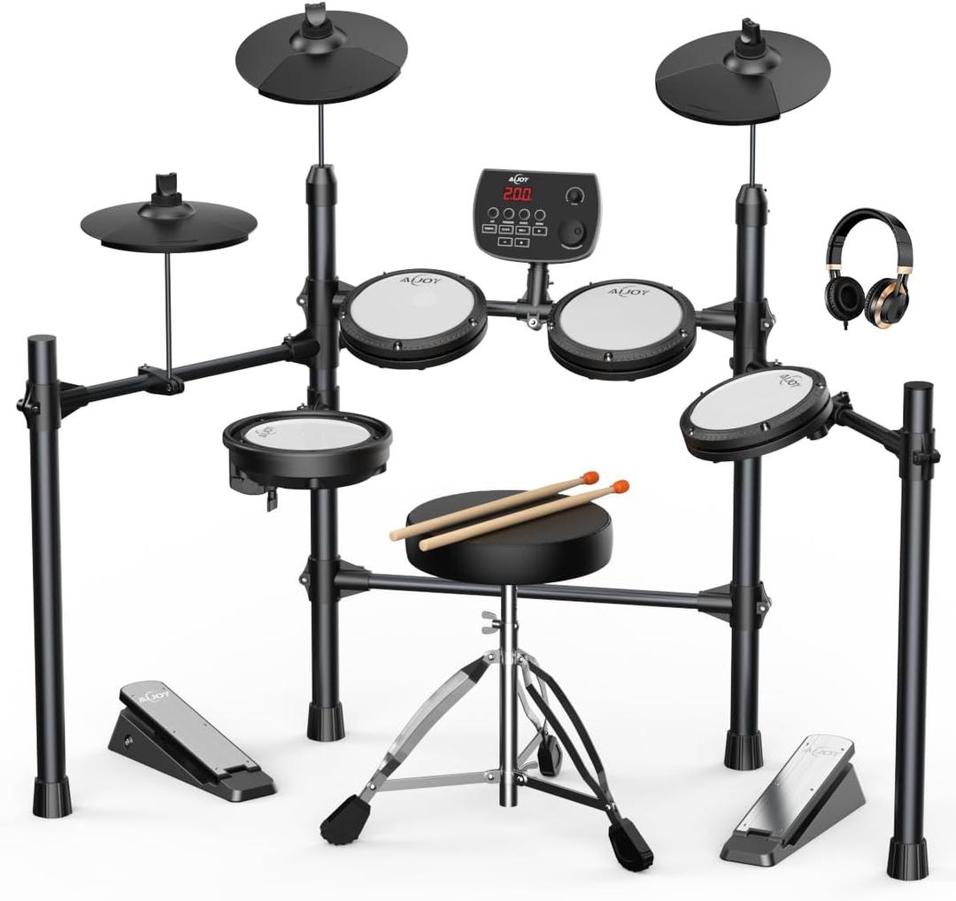 AiJoy Electric Drum Set with Quiet Mesh Pads, 5 Drums, 3 Cymbals, Dual-Zone Snare, USB MIDI, Intelligent Sound Module, Drum Throne, Headphones, Sticks, 25 Kits & 195+ Sounds for Beginners & Adults (ADD20)