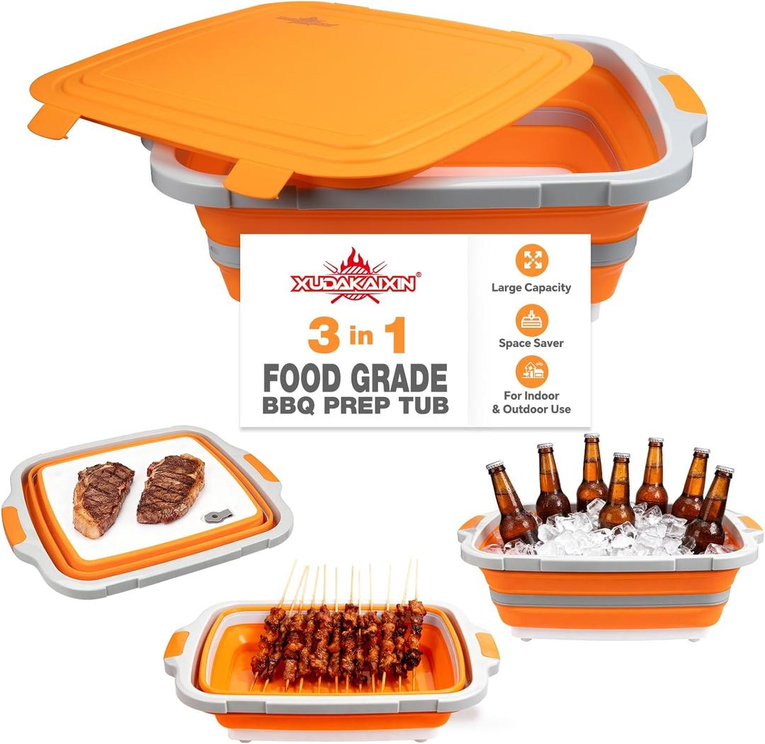 XUDAKAIXIN Collapsible BBQ Prep Tub for Meal Prep, Marinating,Food Storage, picnics, camping, barbecues,cutting fruits and vegetables - Includes Cutting Board and Locking Lid,(X-Large) Orange