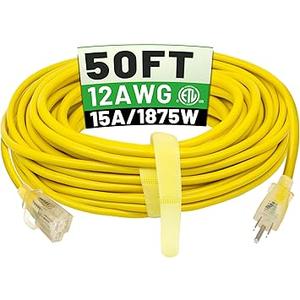 POWGRN 50 ft 12/3 Outdoor Extension Cord Waterproof Heavy Duty with Lighted Indicator End 12 Gauge 3 Prong, Flexible Cold-Resistant Long Power Cord Outside, 15Amp 1875W SJTW Yellow ETL Listed
