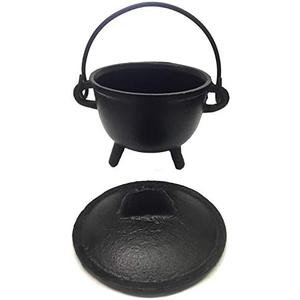 New Age Imports, Inc. Cast Iron Cauldron w/handle & lid, ideal for smudging, incense burning, ritual purpose, decoration, Halloween decoration, candle holder, etc. (Pot Style 4" Dia (BR90)) (Black)