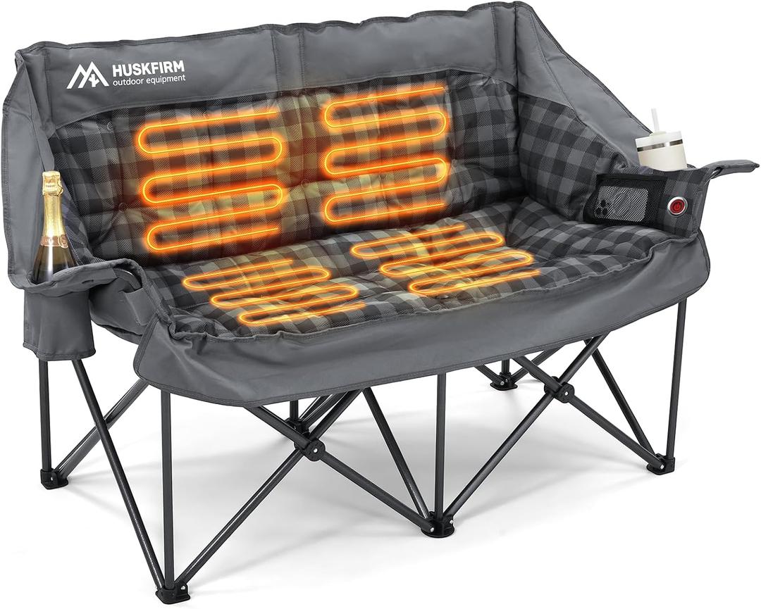 Heated Double Camping Chair, Oversized Camping Loveseat with 4 Heating Zones and 3 Temperature Settings, Portable Heated Double Chair for Outdoor UseBattery Not Included (Grey)
