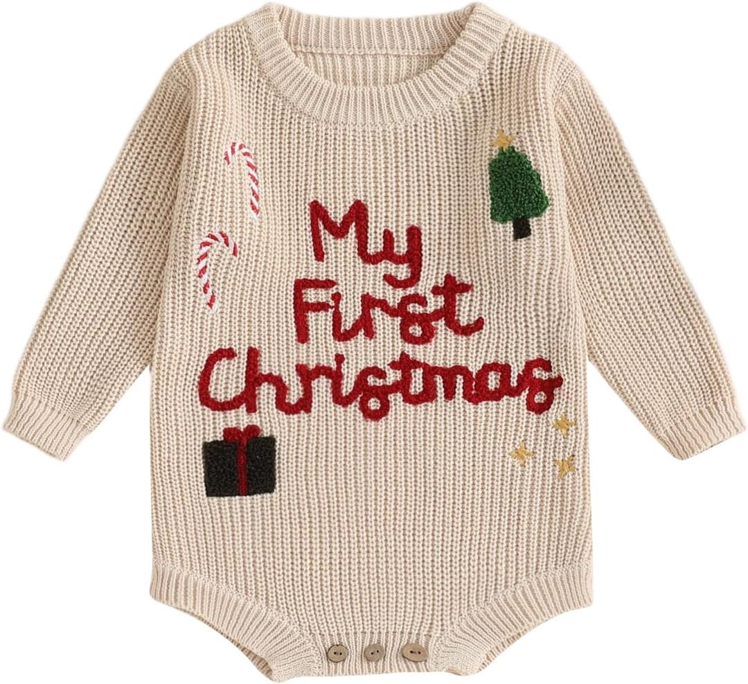 fhutpw Newborn Baby Girl Knit Sweater Romper Long Sleeve Letters Embroidery Onesie Infant Fall Winter Clothes (6-9 Months, Christmas Khaki)