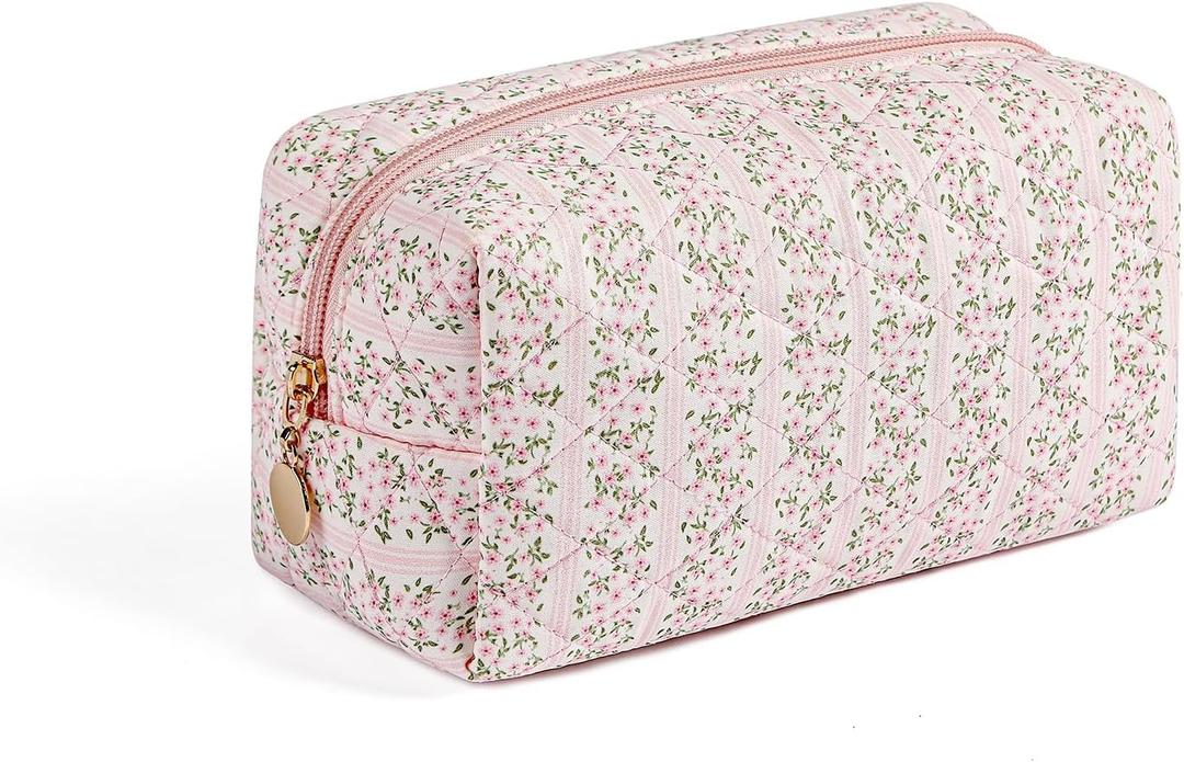 Cute Floral Makeup Bag Small Cotton Quilted Cosmetic Bag, Aesthetic Essential Bag Emergency Bag Gift for Women Girls Travel Accessories (Pink Floral)