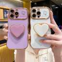 Compatible with Cute iPhone 17 Pro Max case 6.9'', Purple Wave Frame Shape Phone Case with Love-Heart Kickstand Raised Camera Protection Luxury Plating Shockproof TPU Protective Cover for Women Girls