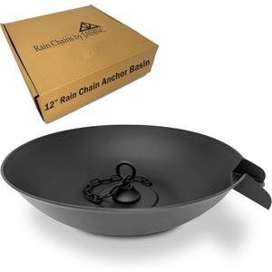 Rain Chain Anchoring Basin | 12.5" Display Dish w/Chain for Roof Gutter Downspout | Decorative Rain Chain Basin for Garden & Patio | Water Feature Basin & Rain Chain Anchor | Black Powder Coated