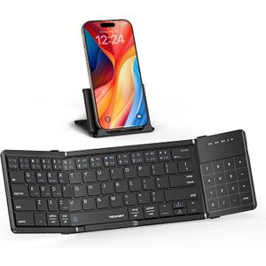 TECKNET Foldable Bluetooth Keyboard with Touchpad & Numpad, Connects to 3 Devices, USB-C Rechargeable Portable Keyboard for Laptop, iPad, Phone, iOS, macOS, Android, Windows (Black)