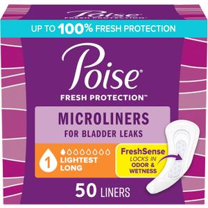 Poise Daily Microliners, Incontinence Panty Liners for Bladder Leaks, 1 Drop Lightest Absorbency, Long Length, 50 Count of Pantiliners