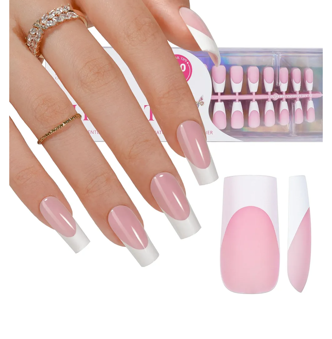 French Gel Nail Tips - Jofay Fashion French Tip Press on Nails, 10-Piece Set 320Pcs Pink long Square Nail Tips, No Need to File 3 in 1 Acrylic Fake Nails for Nail Art DIY & Nail Extension, 16 Sizes