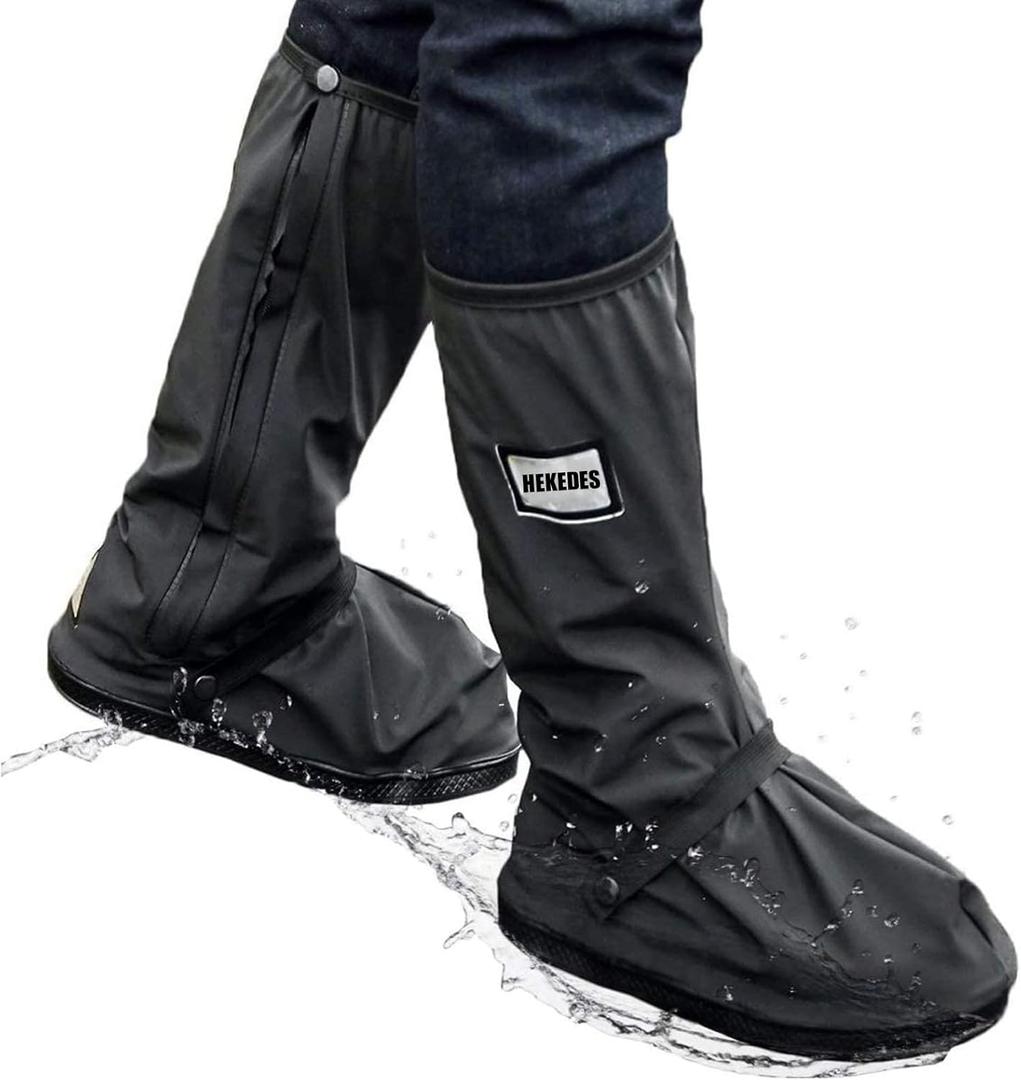 Waterproof Shoe Covers, Reusable & Foldable Rain Boot Shoe Cover with Zipper, Non-Slip, Reflector, Men Women Rain Gear, Black (XX-Large)