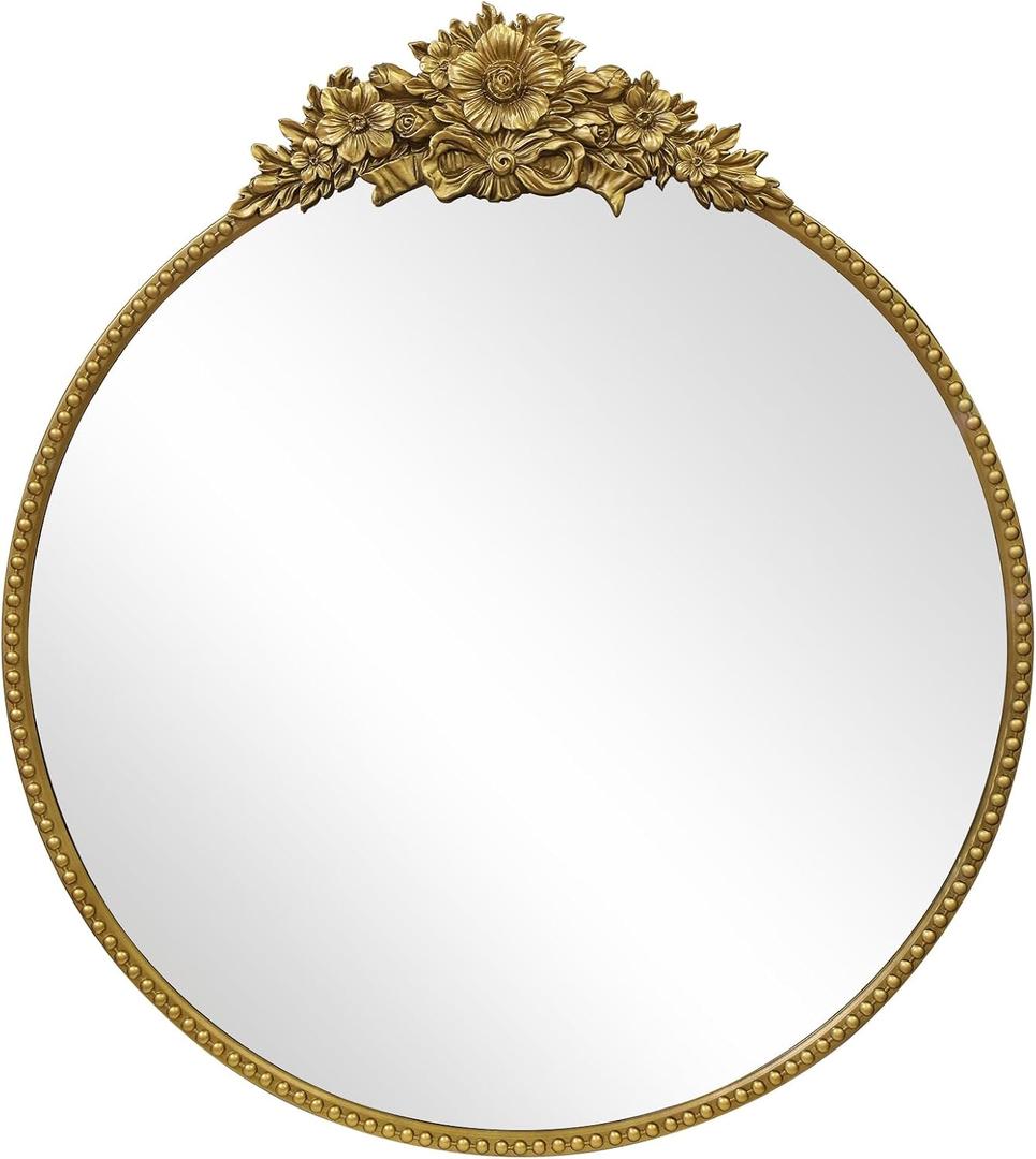 Vintage Round Mirror, 28" Baroque Style Circular Mirror, Antique Metal Frame Wall Mirror, Traditional Art Home Decor for Dressing Table, Bathroom or Bedroom,Retro Gold