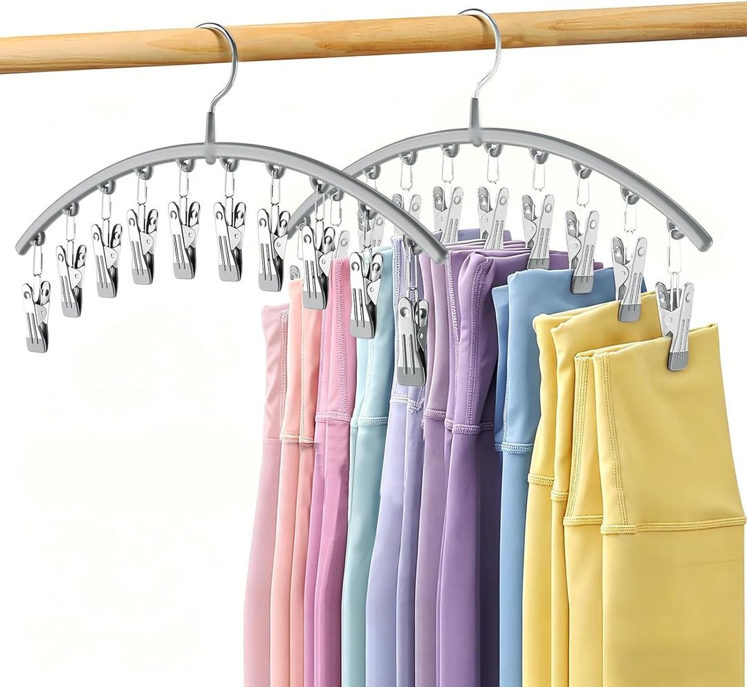 Volnamal Legging Organizer for Closet, Metal Yoga Pants Hanger w/Rubber Coated 2 Pack w/10 Clips Hold 20 Leggings, Hangers Space Saving Hanging Closet Organizer for Closet Organizers and Storage-Grey (Gray)