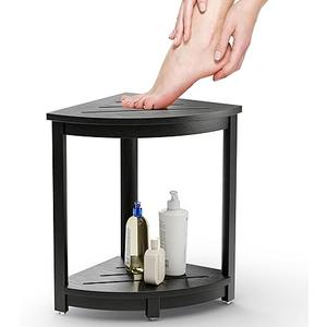 HOLANA 45.7cm Wood Corner Shower Bench & Corner Shower Stool with Storage Shelf - Footrest for Shaving Legs - Bath Step for Small Spaces - Perfect for Indoor or Outdoor (Black)
