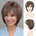 SEVENCOLORS Short Mixed Brown Wigs for White Women Natural Layered Short Hair Wigs with Bangs Synthetic Pixie Wig with Blonde Highlights