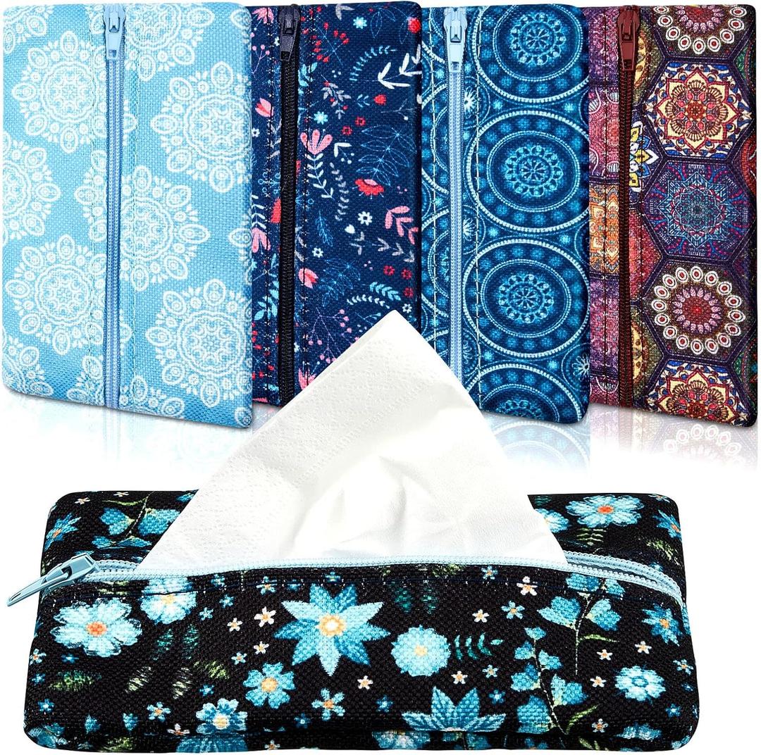 5 Pieces Tissues Purse Pocket Tissue Holder Reusable Travel Pouch Fabric Zipper Enclosed Small Size Flower Pattern Holder for Purse Coins for Christmas, 5.25 x 3 Inches (Floral Style)