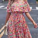 Off Shoulder Boho Floral Swing Mini Dress Summer Strapless Pleated Short Dress (M)