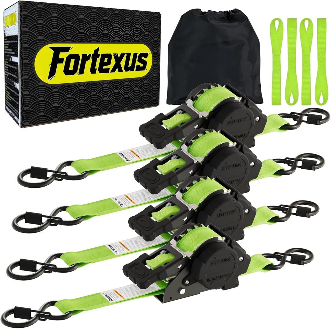 Retractable Ratchet Straps,1'' x 12' Tie Downs Automatic Retractable Ratchet Straps 1760lb Break Strength for Trailer,Motorcycle,Scooter,Pickup Truck,UTV,Kayak(Neon Green,4 Pack)