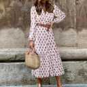 LOLONG Women's Casual Button Front Midi Dresses Spring 2025 Puff Long Sleeve Printed Ruffle Hem Boho Flowy Dress