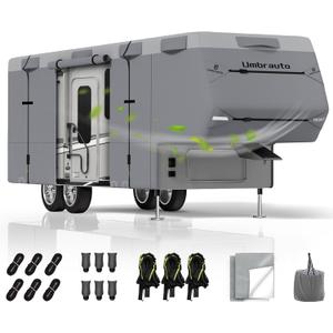 Umbrauto 5th Wheel RV Cover 31-34ft, 7 Layers Top Extra-Thick Fifth Wheel Cover, Waterproof Windproof Anti-UV Rip-Stop Toy Hauler Camper Cover with 2 Pcs Extra Straps, 6 Gutter Covers