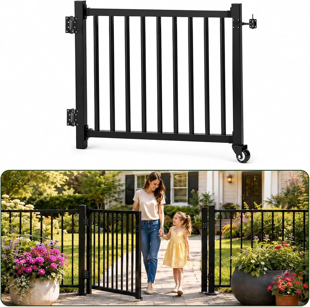 Deck Gate with Wheels, 42in.H x 4 ft.W Black Heavy Duty Steel Anti-Rust Fence Door for Outdoor Deck Patio Railing, H Railing 1" Round Pipe, with Latch (Black)