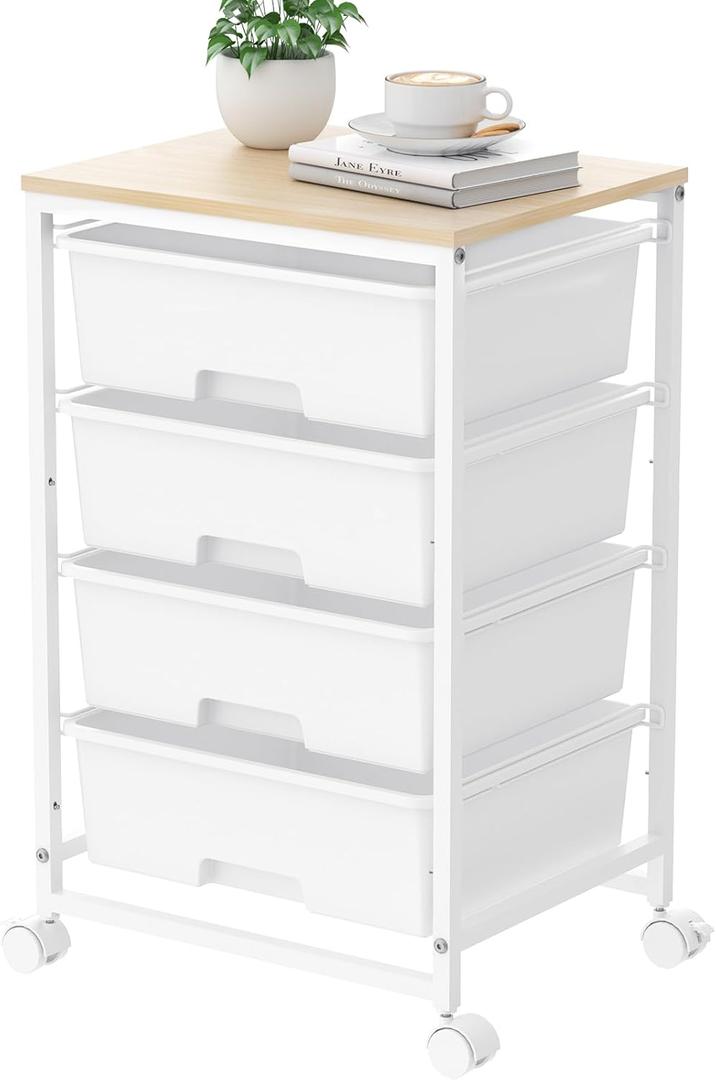 Utility Cart with 4 Drawers, Multipurpose Rolling Storage Cart with 4 Drawers and 2 Lockable Wheels, 4-Tier Rolling Storage Cart Organizer for Home Office Dorm, Bright White