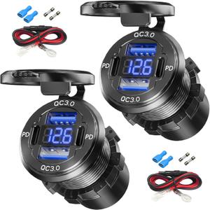 2PCS, Dual PD USB C Ports & Dual Quick Charge 3.0 Ports Car Charger Socket, VANONE Aluminum Alloy Waterproof 12V USB Outlet, Accessories for Car Boat Marine Motorcycle RV ATV Truck Golf Cart