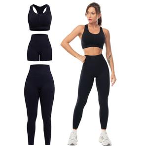 SALSPOR 3 Piece Workout Sets for Women Butt Lifting Leggings with High Impact Sports Bra Gym Shorts Activewear Matching Set(3DWX-Black-2XL)
