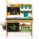 Mud Kitchen for Kids Outdoor, Wooden Play Kitchen with Real Working Faucet & Water Tank, Sensory Montessori Kitchen Playset with Sink, Chalkboard, Pots & Pans for Toddlers & Kids Ages 3+, 33.9 inches x 12.1 inches x 16.4 inches
