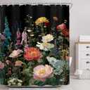 Riyidecor Black Floral Dark Wildflower Shower Curtain for Bathroom Decor 60Wx72H Boho Vintage Flower Blossom Leaves Plants Botanical Women Art Printed Fabric Polyester Waterproof 12 Pack Plastic Hooks