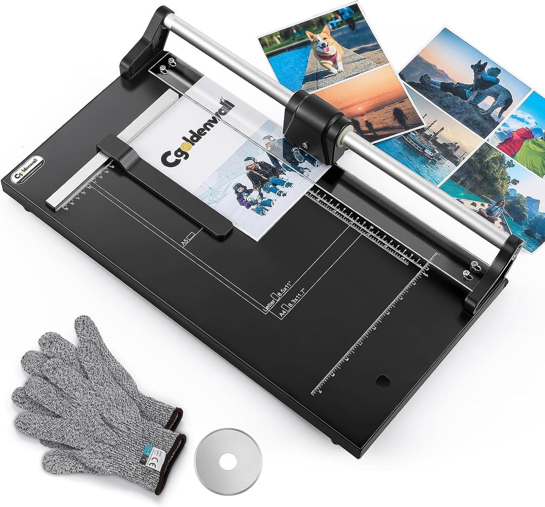 CGOLDENWALL A4 Rotary Paper Trimmer, 12 Sheets, w/Extra Blade & Gloves, for Cardstock Photo, Heavy Duty Paper Cutter for Offices Schools Crafts (14.9 Inch Cut Length)