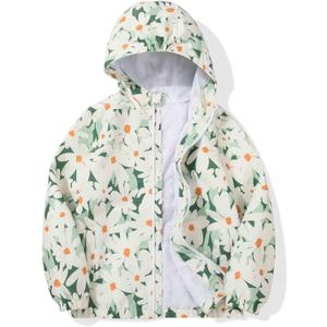 SUNDAY ROSE Girls Windbreaker Jackets Lightweight Water Resistant Coat Outwear with Hooded for Kids (8, Green Daisy)
