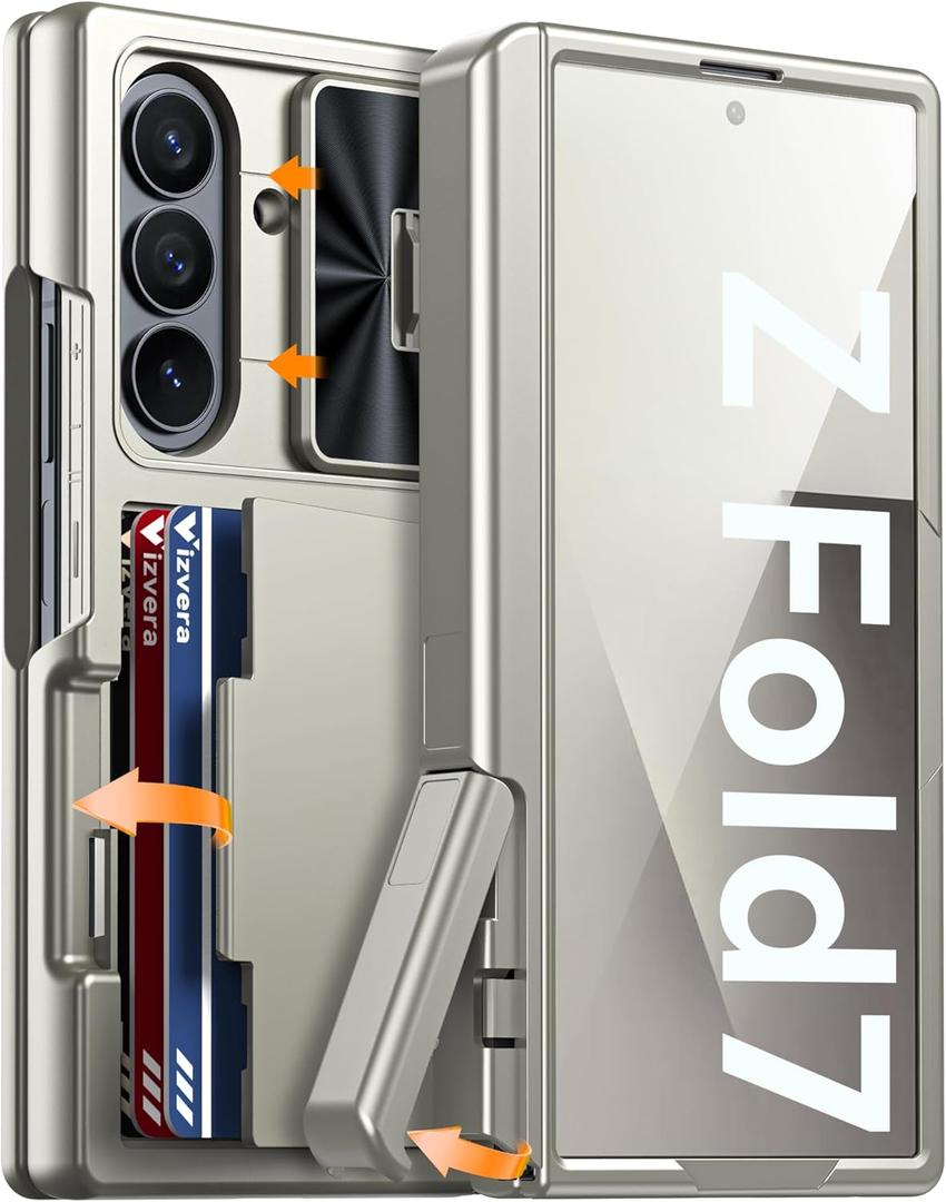 Vizvera for Samsung Galaxy Z Fold 7 Case RFID Wallet with Cards Holder[Kickstand][Camera Cover] Shockproof Silicone Protective Phone Case for Z Fold 7 2025-Natural Titanium