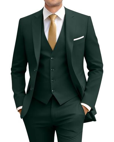 Mens Slim Fit 3 Piece Suit Set With Jacket, Vest, Pants and Tie - Dark Green Wedding Tuxedo for Prom and Homecoming L