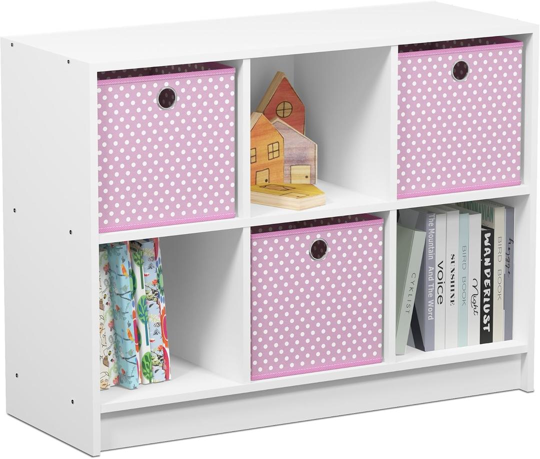 Furinno BASIC Book Shelf, 6-Cube Bookshelf with Open Shelf, 3 x 2 Bookcase with Storage Bins, Closed Back, Horizontal, 11.9 x 31.6 x 23.6, for Living Room, Bedroom, Home Office, White/Pink