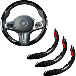 Car Steering Wheel Cover Set Bright Carbon Fiber Wrap Non-Slip 3pcs Steering Wheel Accessories 14.5-15 inch Universal (Black)