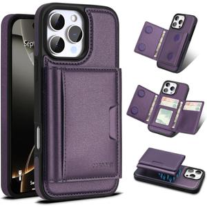 Godzoen for iPhone 16 pro Wallet Case, 2-in-1 Detachable Phone Case, Card Holder RFID Blocking, Fashionable Faux Leather Card Slot & Folding Design (Purple 6.3'')