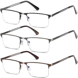 For Men Blue Light Blocking Reading Glasses, Half Frame Metal Readers with Spring Hinge, 3-Pack (Black&Gunmetal&Brown)