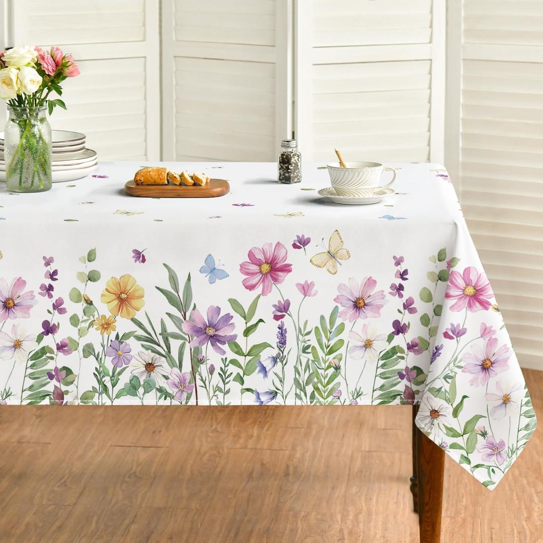 Horaldaily Spring Tablecloth 60x120 Inch, Wildflowers Floral Butterfly Washable Table Cover for Party Picnic Dinner Decor (White)