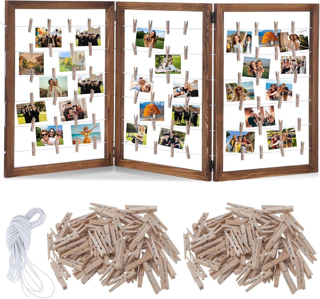 53"x23"Photo Display Board with Clip, 3 Panel Freestanding Picture Frame, 53.14 x 23.62 inches