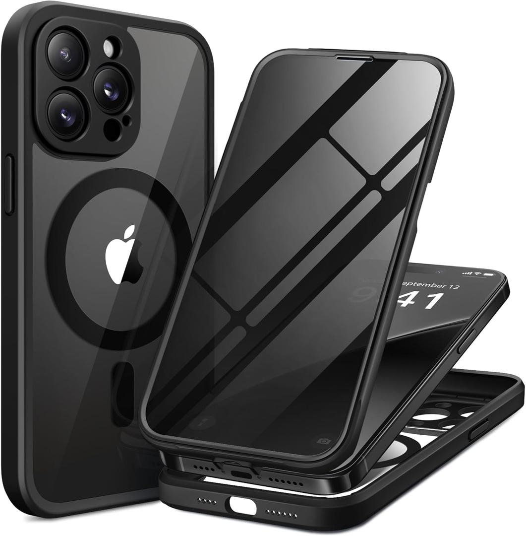BERFY for iPhone 14 Pro Max Case, Compatible with MagSafe, Built-in Privacy Screen Protector, Camera Protection, Shockproof Full Body Phone Case 6.7", Clear Black