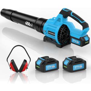 Leaf Blower Cordless,650 CFM & 160 MPH Electric Cordless Leaf Blower with 2 * 4.0Ah Batteries & Noise-Reduction Ear Muffs,3 Speed Powerful Blowing Ideal for Lawn Care, Blowing Leaves, Dust, Snow (Blue)