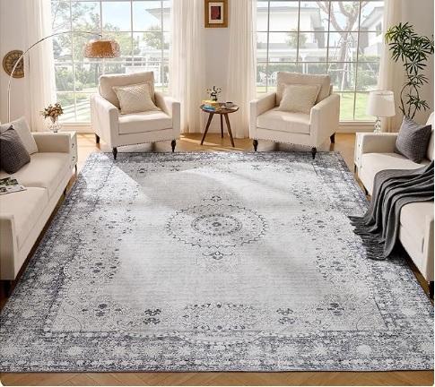 Istana Stylish Foldable Stain Resistant Rug 10x14 - Grey/Gold - Boho Washable Area Rug