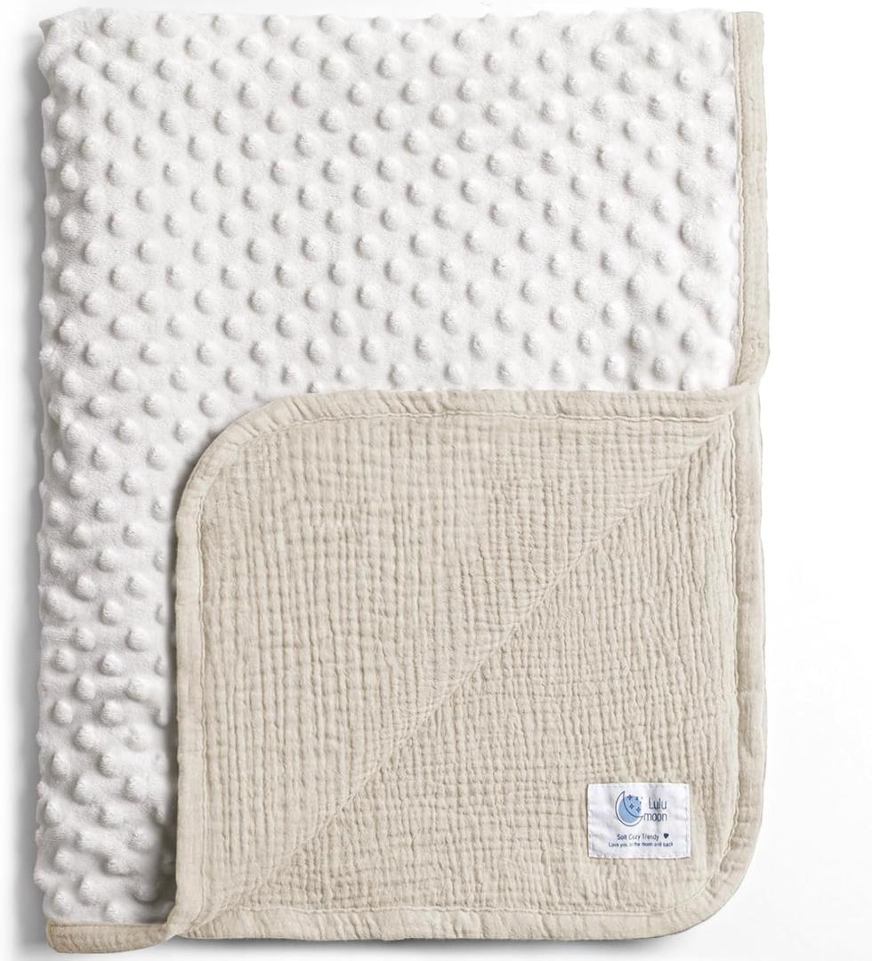 lulumoon Baby Blankets for Newborn Unisex: Thermal Minky Dotted Backing - Muslin Receiving Blanket for Baby Essential & Registry Gift 30"x40" (Ivory)