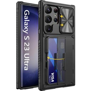 Vihibii for Samsung Galaxy S23 Ultra Case with Card Holder (4 Cards) & Sliding Camera Cover & Kickstand, Shockproof Rugged Hard Back & TPU Edge Wallet Cover for Galaxy S23 Ultra 5G 6.8" 2023, Black