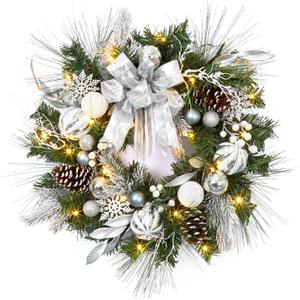 Christmas Wreath for Front Door, 24 Inch Outdoor Christmas Wreath, Battery Operated Xmas Wreath with Silver White Ball Ornaments Bows and 20 LED Lights for Home Holiday Decor